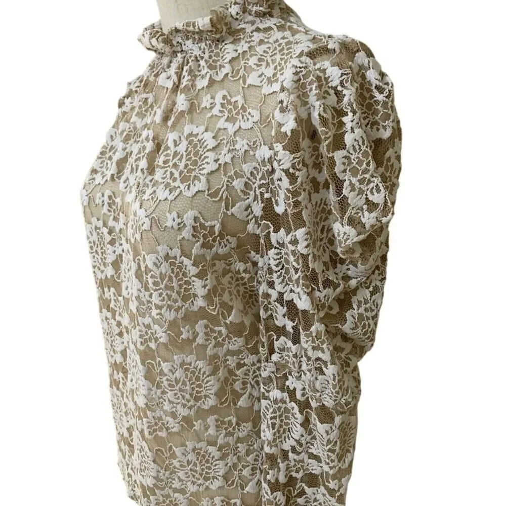 Dolan Lace Blouse White Floral Ruffle Neck Puff Sleeve Top Womens Petite M